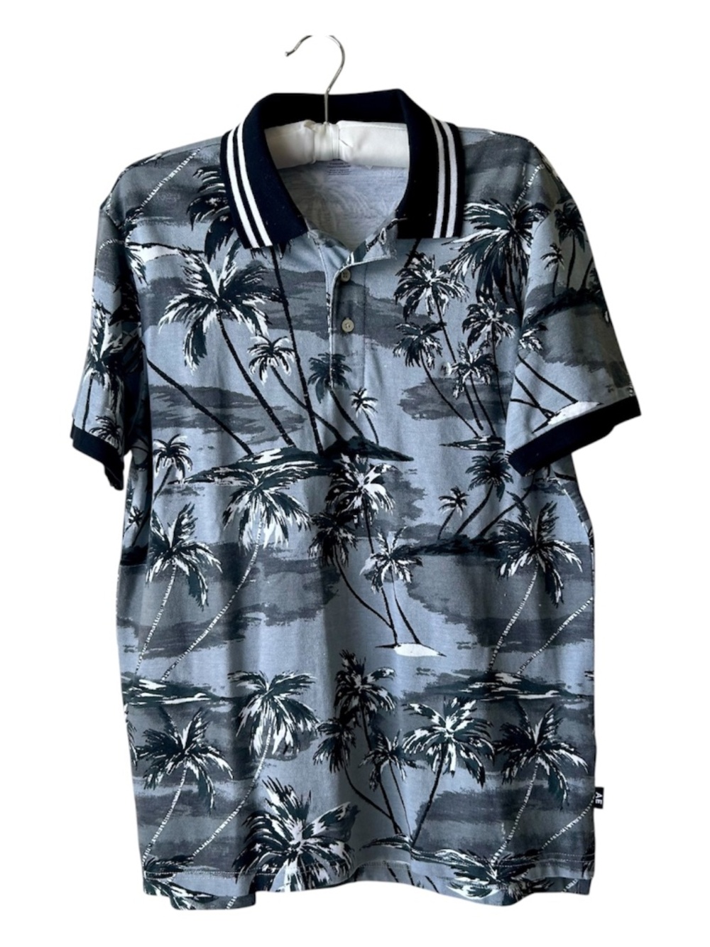 American Eagle Polo Shirt Short Sleeve Tropical Palm Tree Black White Gray Mediu